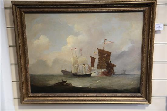 Anglo-Chinese School (19th century) English clipper exchanging fire with a junk and junks at sea 17 x 23in.